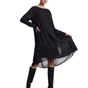 Aritzia Babaton minimal black chiffon boxy oversize boat neck long sleeve dress